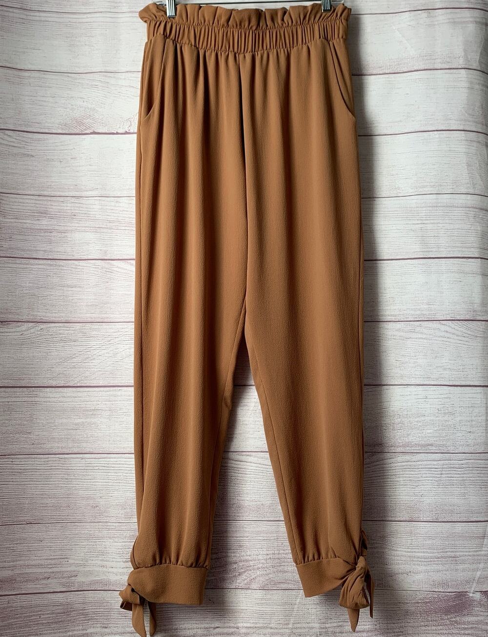 Tyche Camel Brown Paperbag Pants Ankle Tie High Waist Size Large